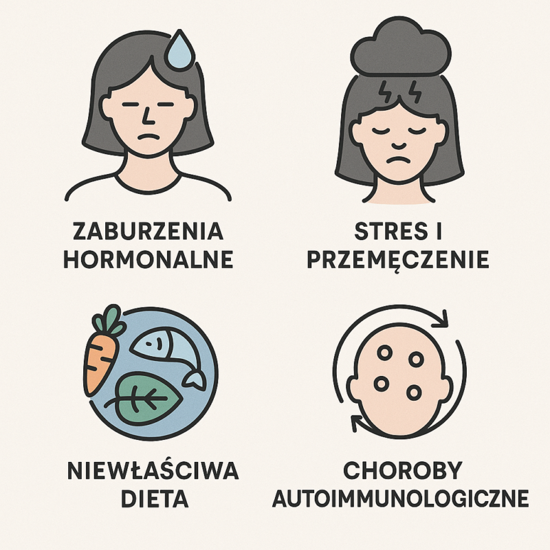 Infografika przedstawiająca cztery główne przyczyny wypadania włosów u kobiet: zaburzenia hormonalne, stres i przemęczenie, niewłaściwa dieta oraz choroby autoimmunologiczne – każda z nich zilustrowana ikoną.