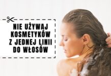 Ilustracja przedstawiająca szampon i maskę do włosów z jednej linii, przekreślone czerwonym „X”, z napisem: „Nie używaj kosmetyków z jednej linii do włosów”
