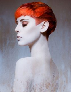 króka fryzura z rudo pomarańczowych włosów